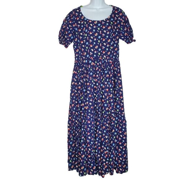 Vintage Handmade Floral Prairie Dress Bonnet Short Sleeve Navy Blue Sz L/XL - Picture 4 of 5